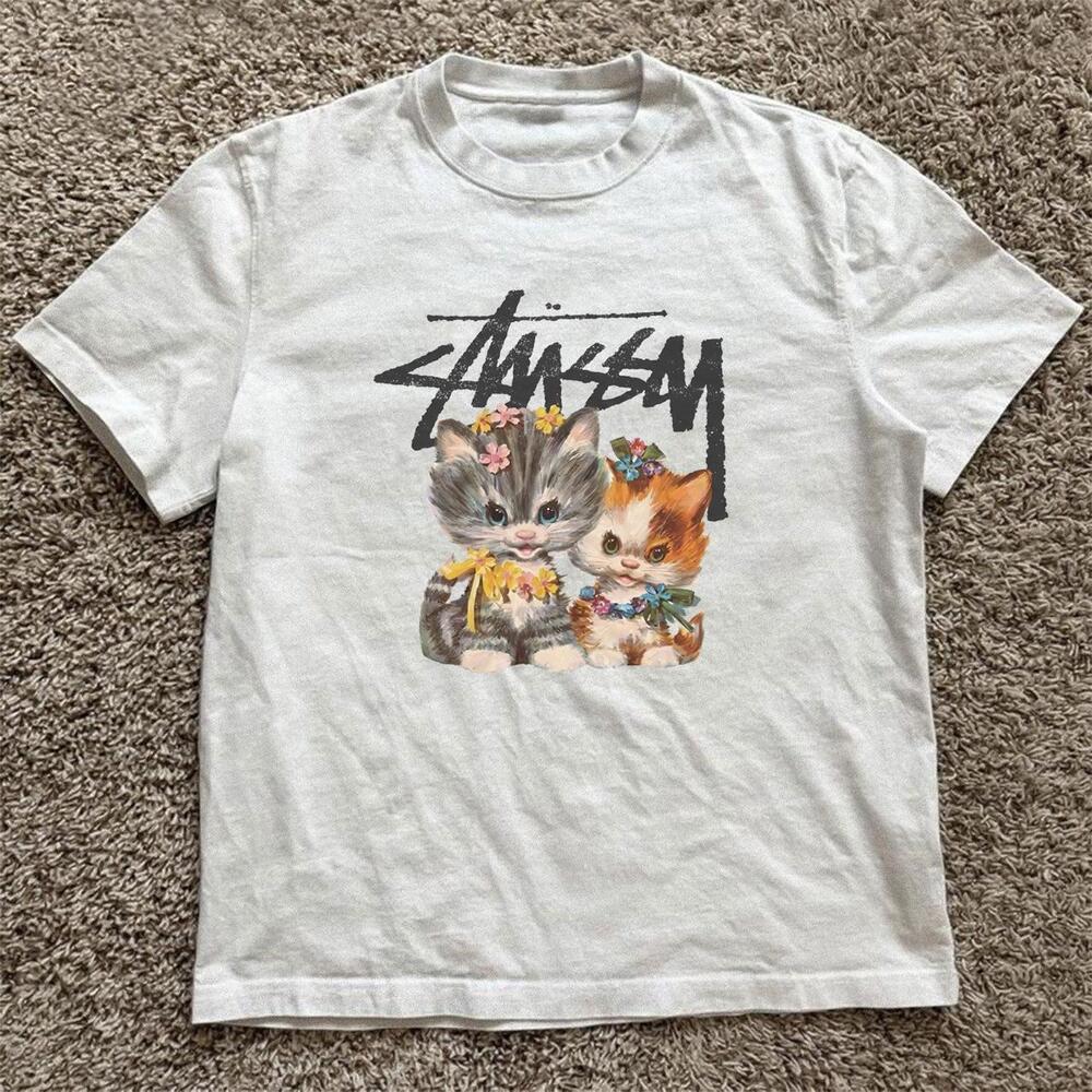 White Stussy Cat Tee